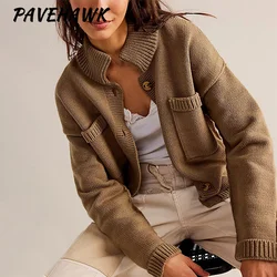 Women Knitted Cardigan Sweaters Stand Collar Vintage Solid Autumn Winter Single Breasted Sweater Casual Knitwear Cardigan Coat