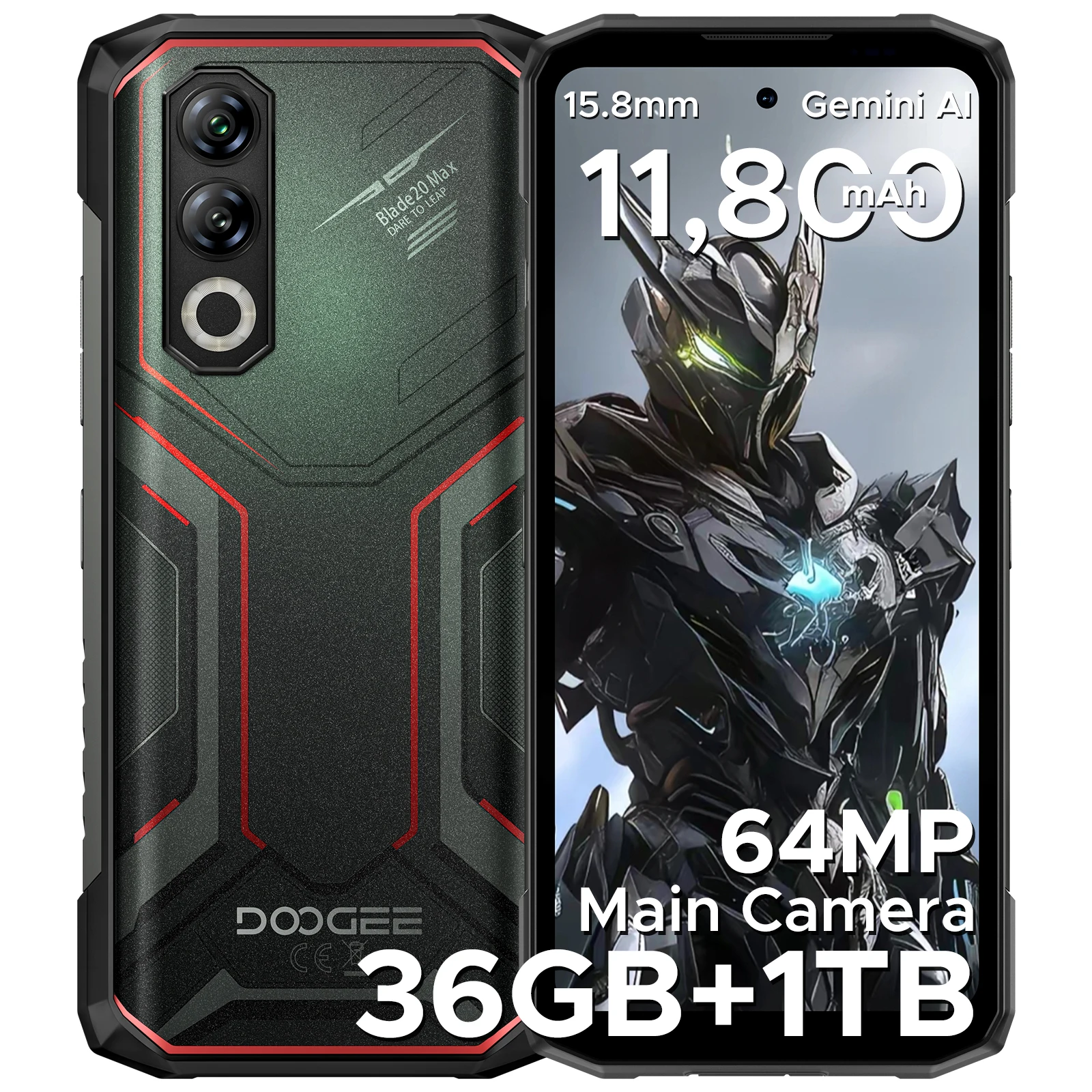 DOOGEE Blade 20 Max Téléphone Robuste 11800mAh Batterie 33W 36GB+1TB Helio G100 CPU 64MP+20MP Vision Nocturne Android 15