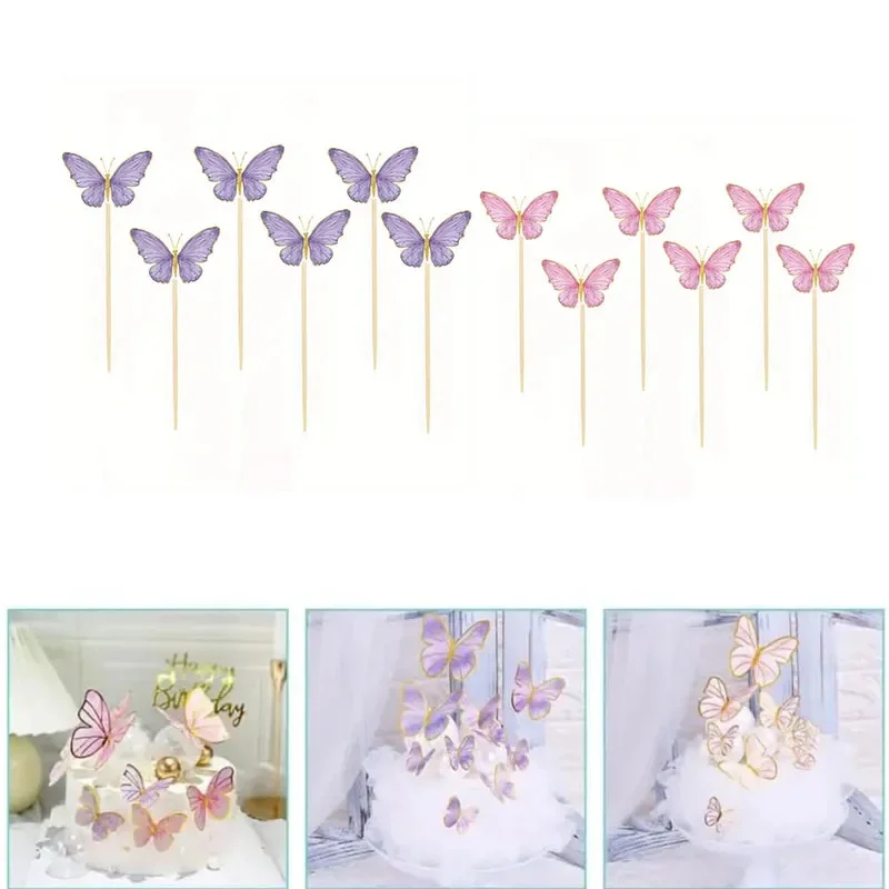 Décorations de Cupcake papillon rose violet, pics alimentaires pour réception-cadeau pour bébé, thème papillon, décorations de gâteau de mariage, fournitures de fête