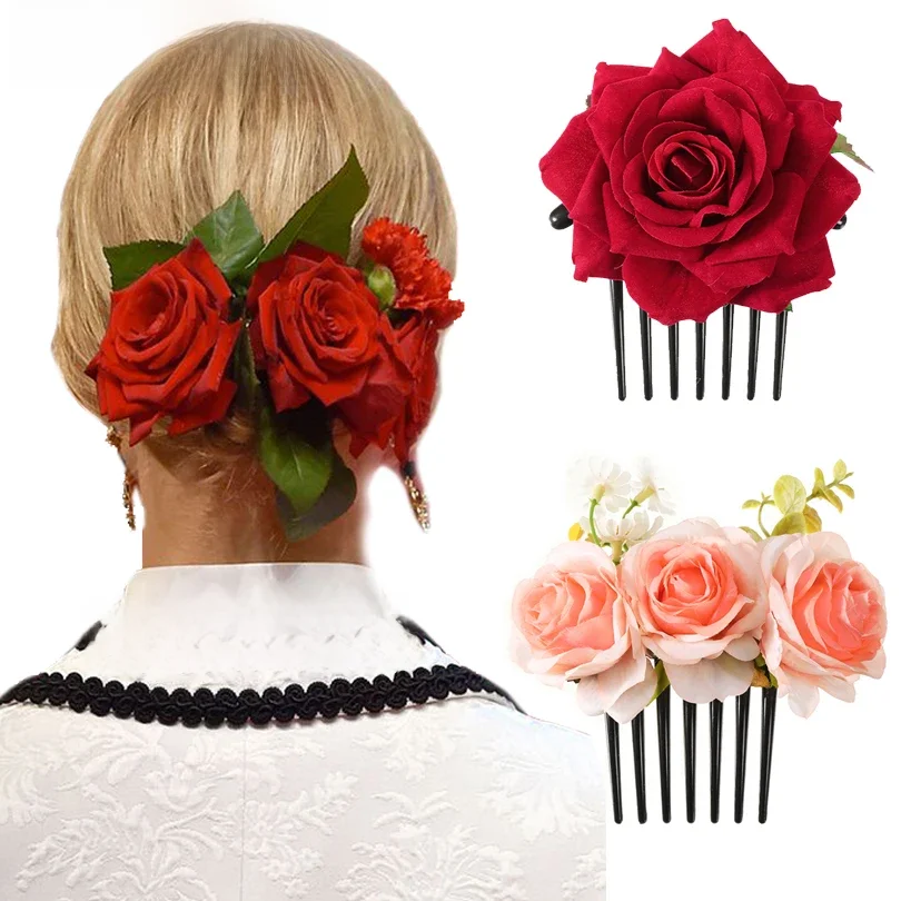 AWAYTR Boho Double flanelle Rose pinces à cheveux pour femmes fille bandeau fourchette peigne épingle à cheveux fleur bijoux cheveux accessoires