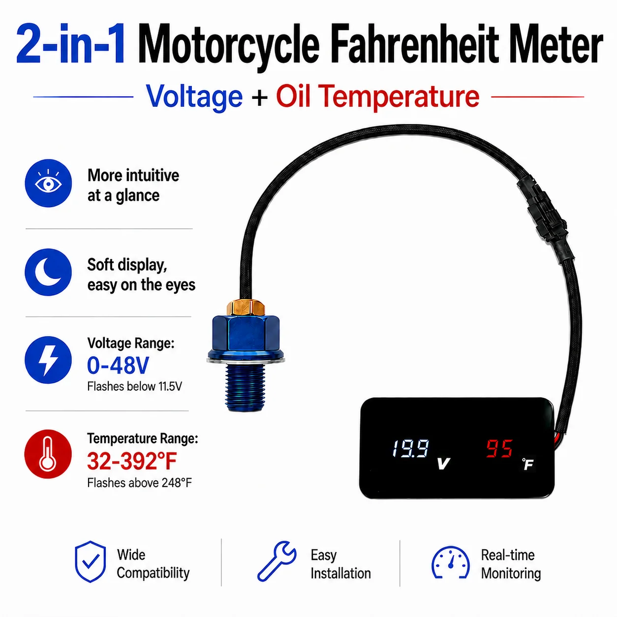 2-in-1 Motorcycle Digital Oil Temperature and Voltage Gauge Fahrenheit Mini Square LED Meter for NMAX XMAX PCX Scooters