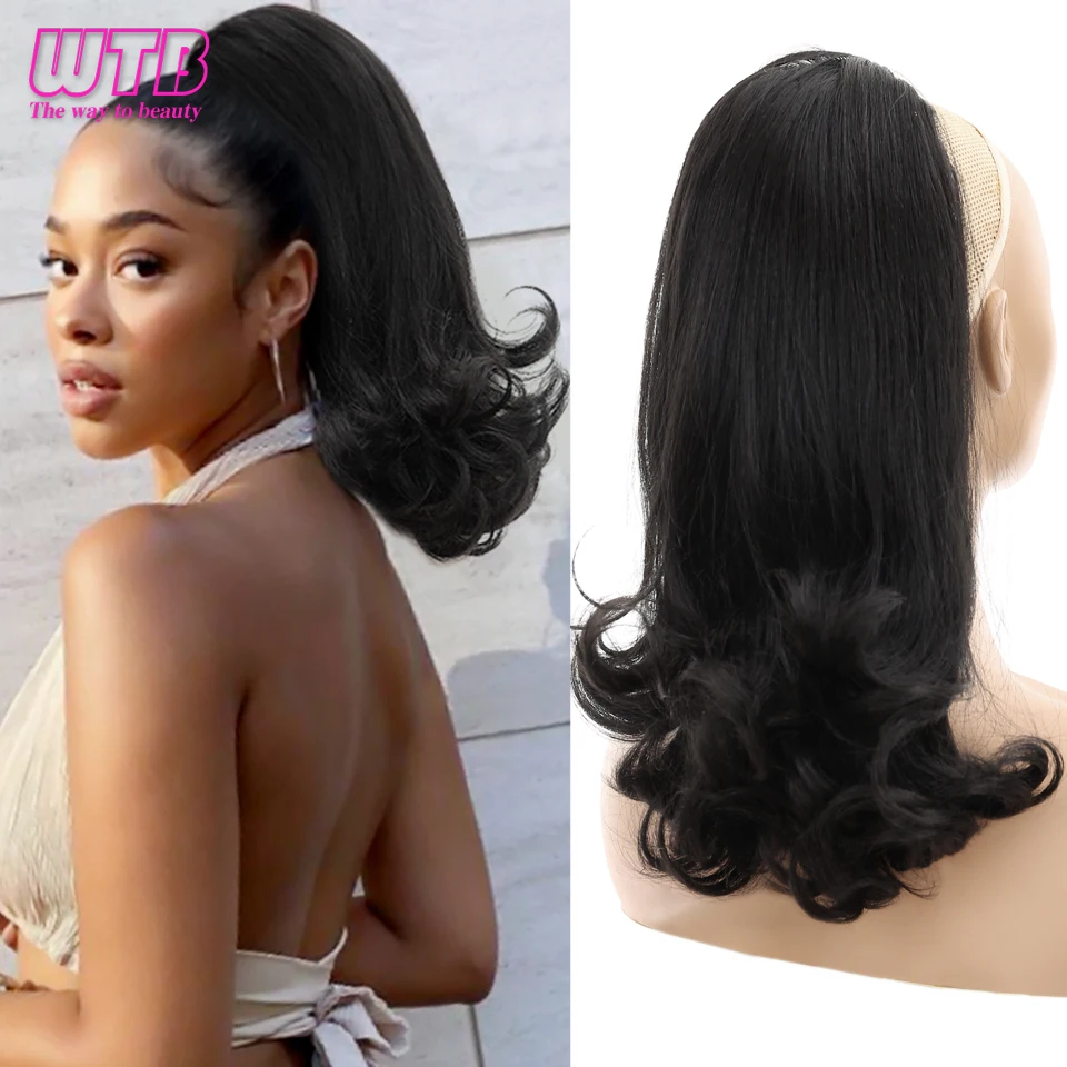 WTB Synthetic Natural Black Yaki Ponytail Warping for Women Tail Wavy Drawstring Ponytail Extension Hair Bun Hairpieces