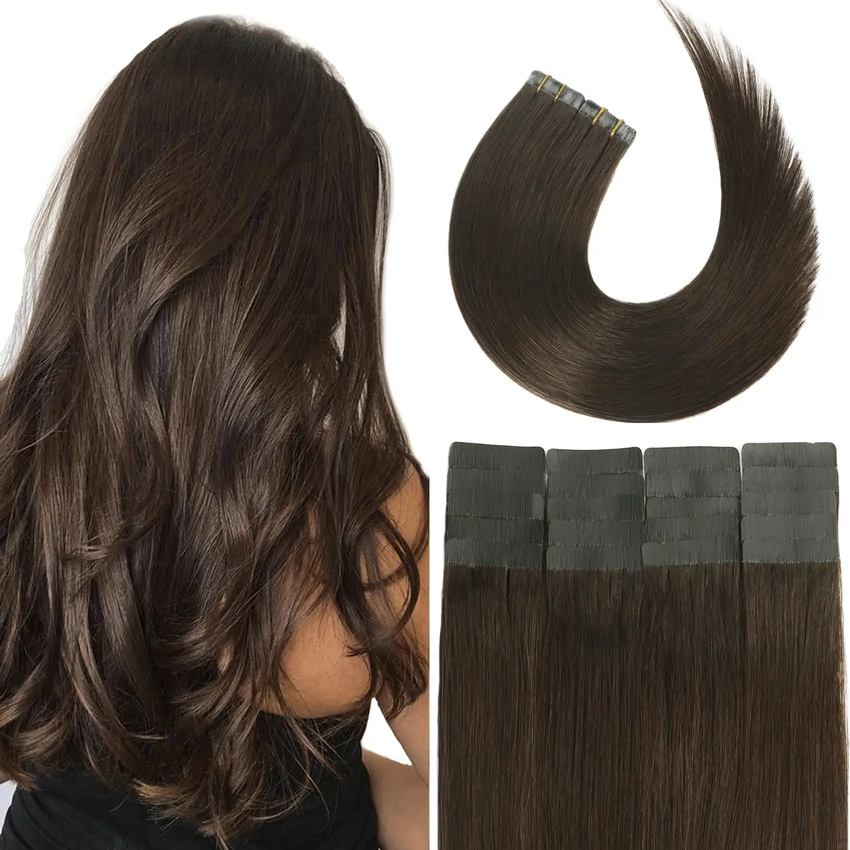 Cinta en extensiones de cabello humano Real para mujer, marrón oscuro, 100% Remy, sedoso, liso, a la moda, 20 unidades por lote