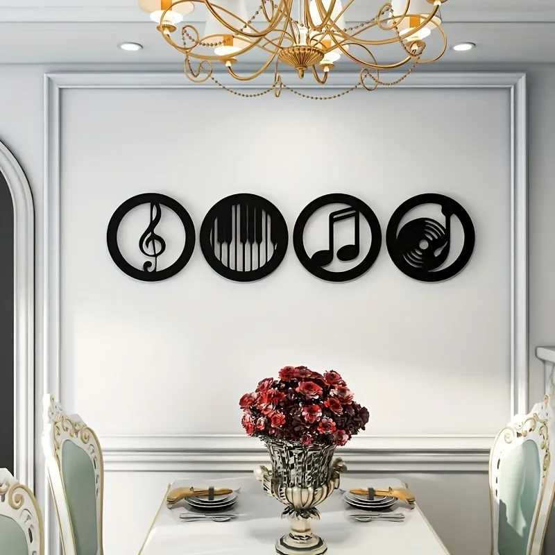 4pcs music metal wall decoration, wall hanging art logo black note hollow iron frame, KTV room decoration, music enthusiast gift