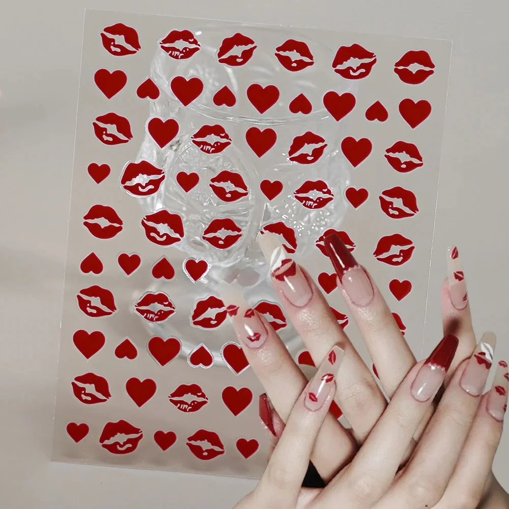 Autocollant 3D amour/lèvre/couronne pour ongles, 1 pièce, rouge/rose, imprimé baiser, papillon, fleur, décalcomanies romantiques pour la saint-valentin, accessoire de manucure à faire soi-même