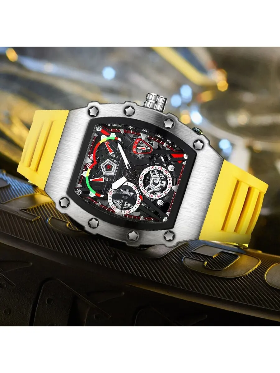 New men\'s watch with personalized design, sporty high-end luminous wine barrel shaped yellow silicone strap, men\'s quartz watch