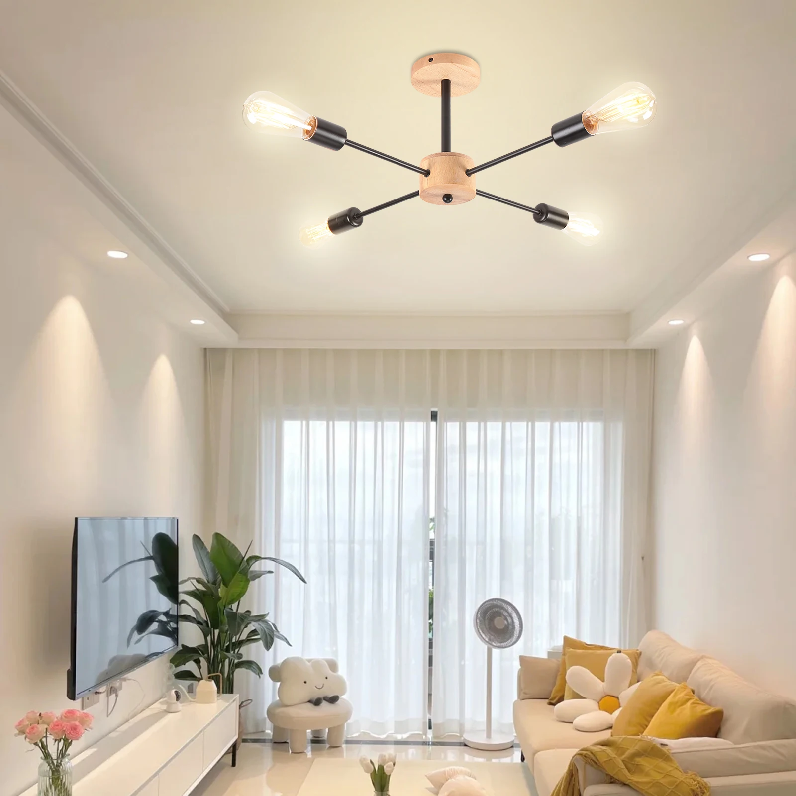 

Nordic Style E27 4-Light Ceiling Lamp with Wooden and Metal Elements - Artistic Lighting Fixture for Living Room Entrance Area