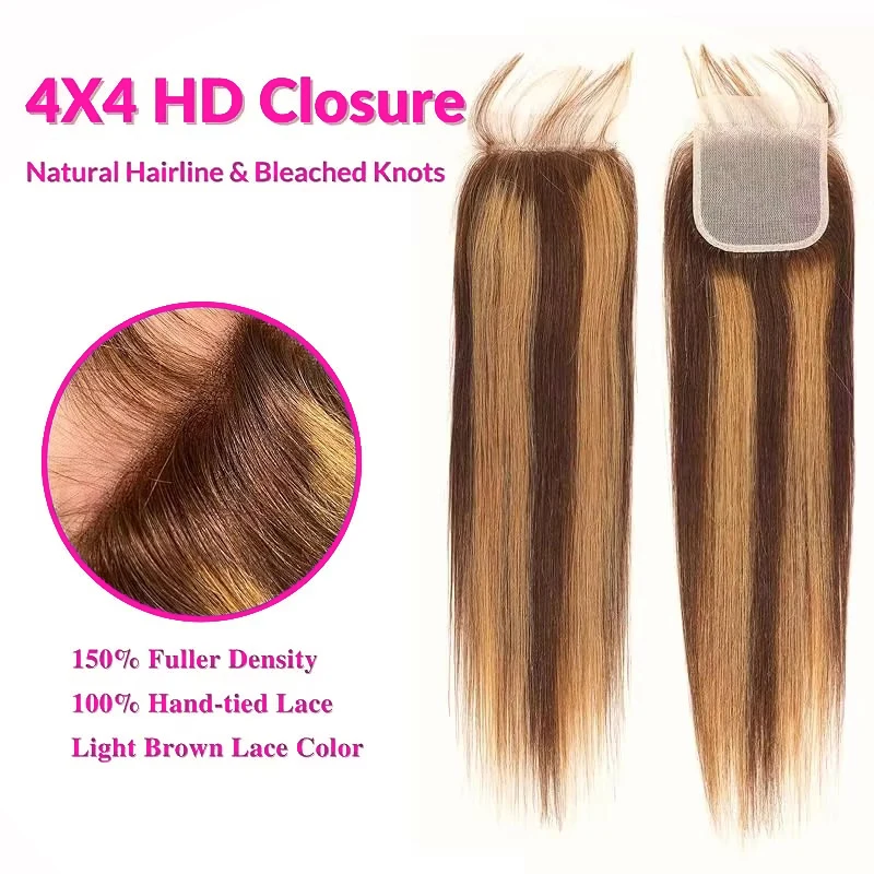 3 Bundles Honey Golden Hair Bright Straight Hair Of Hair 4x4 Tied Up Without Sealing Suitable For Black Women #P4/27