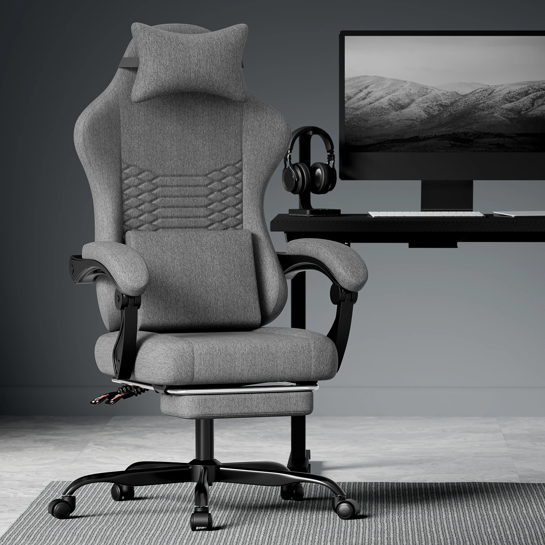 Sedia da Gaming in Tessuto Grigio Scuro, Sedia Ergonomica da Ufficio Stile Racing con Poggiapiedi, Sedia da Ufficio per Adulti con Supporto Lombare e