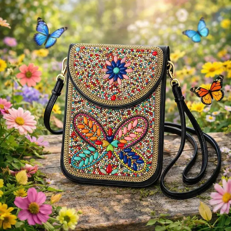 

Colorful Butterfly PU Mini Shoulder Bag Travel Mobile Phone Pouch Wallet Boho Beaded Crossbody Phone Bag for Women