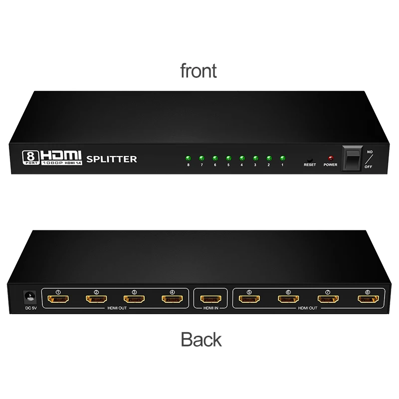 1x8 8 Ports for HDMI Powered Splitter Input Eight Outputs 1080P/60HZ Black for HDMI Display Adapter Multiple Video Distributor