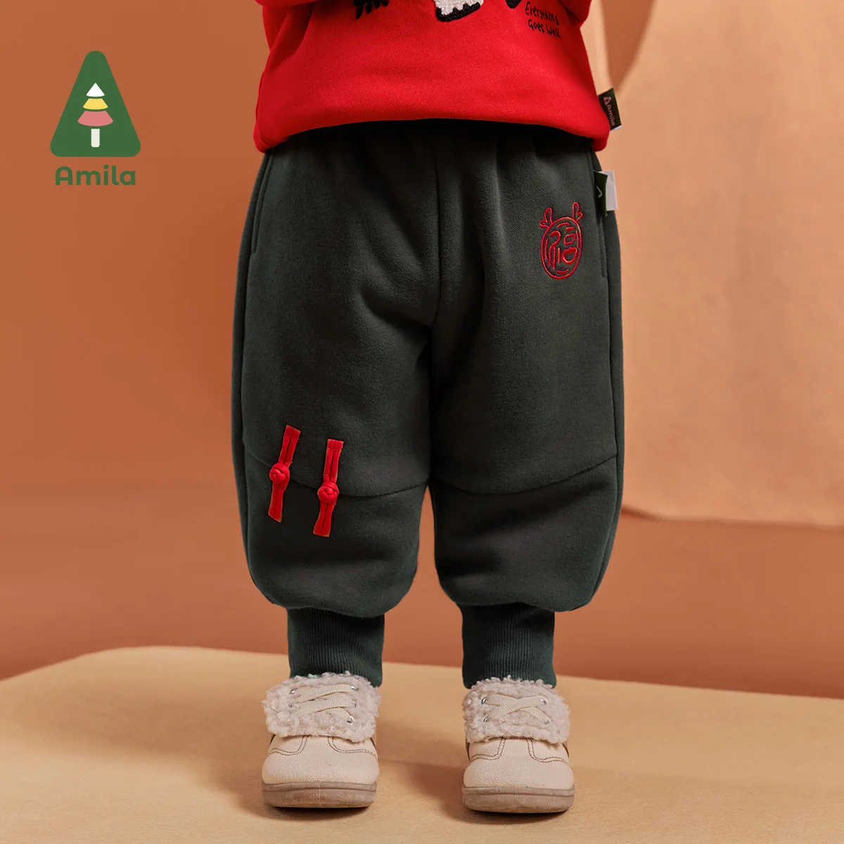 Amila Baby Children Casual Pants 2024 Winter New Multicolour Fleecing Embroider Fashion Warm   Baby Clothing