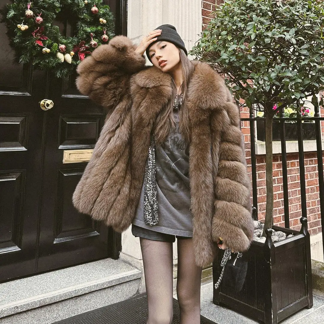 

High Quality Women Natural Fox Fur Jacket Lapel Collar Dark Brown Genuine Fox Fur Coat Thick Warm Fur Overcoat Luxury Woman