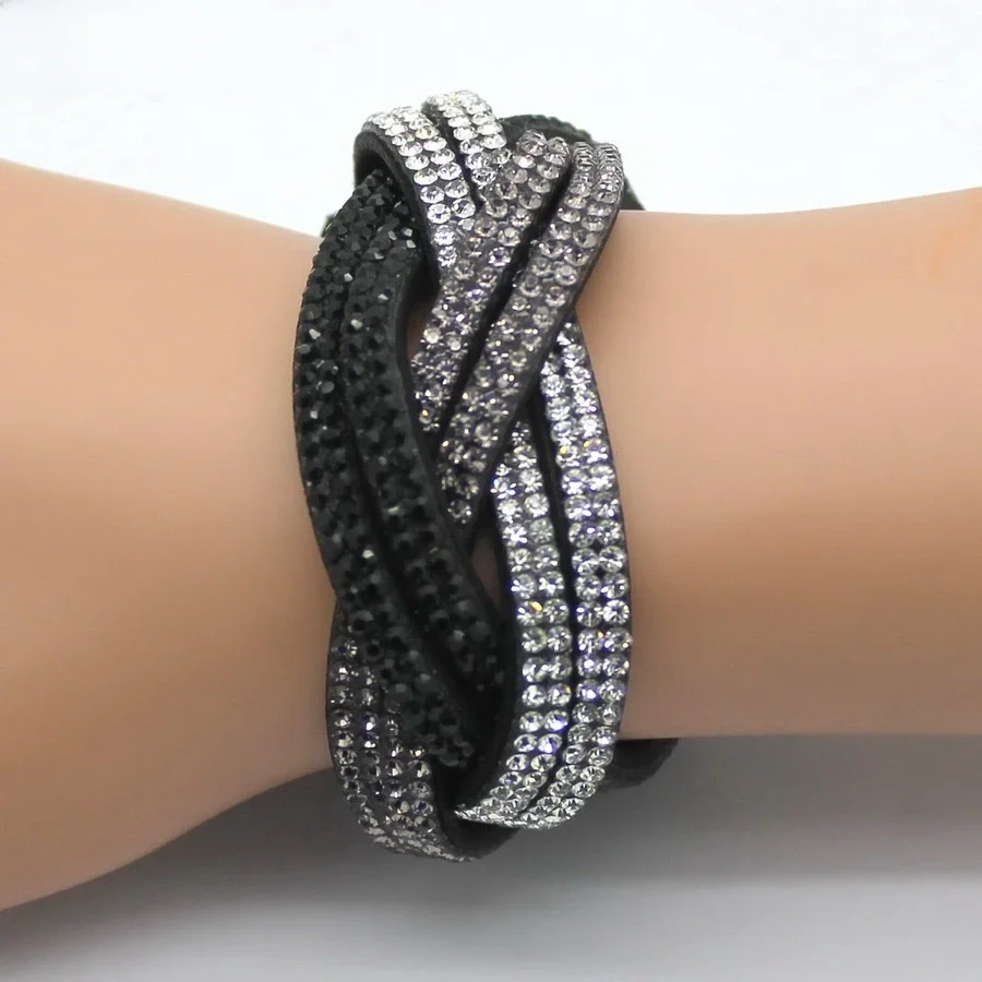 XQNI marka klasyczna kobieca skórzana bransoletka bransoletki 18cm wysokiej jakości Rhinestone Wrap urok kryształowa bransoletka damska biżuteria — zdjęcie 2