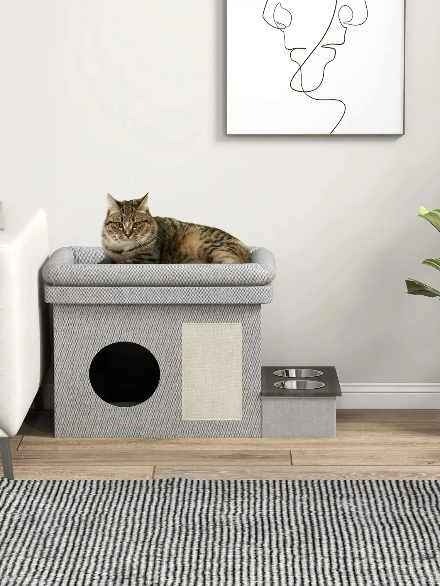 Cave pour chat PawHut, maison pour chat, cabane pour chat, 2 coussins en acier inoxydable, gris