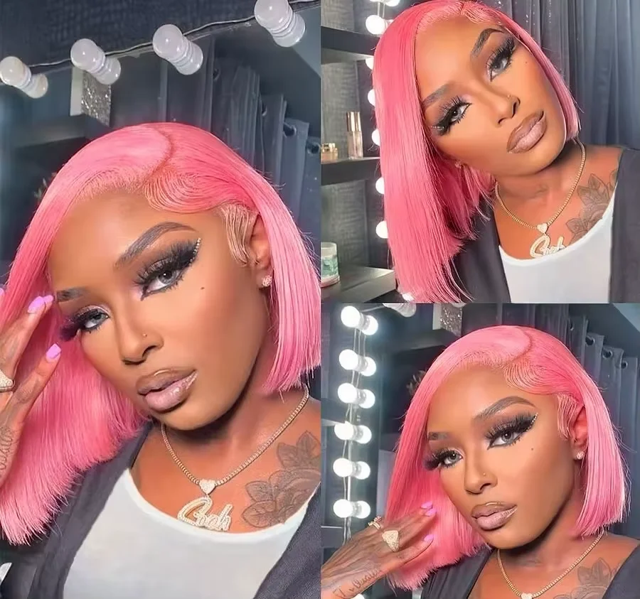 Dark Pink Short Bob Wig Human Hair Straight 13X4 Lace Frontal Wig With Natural Hairline Pre Plucked Short Human Hair Wigs