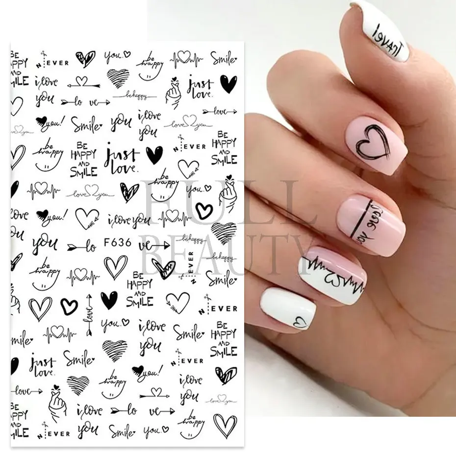 Love Heart Letters Flower Design 3D Nail Sticker Cartoon Couple Sexy Girl Sliders For Nails Stickers Manicures Decorations F636