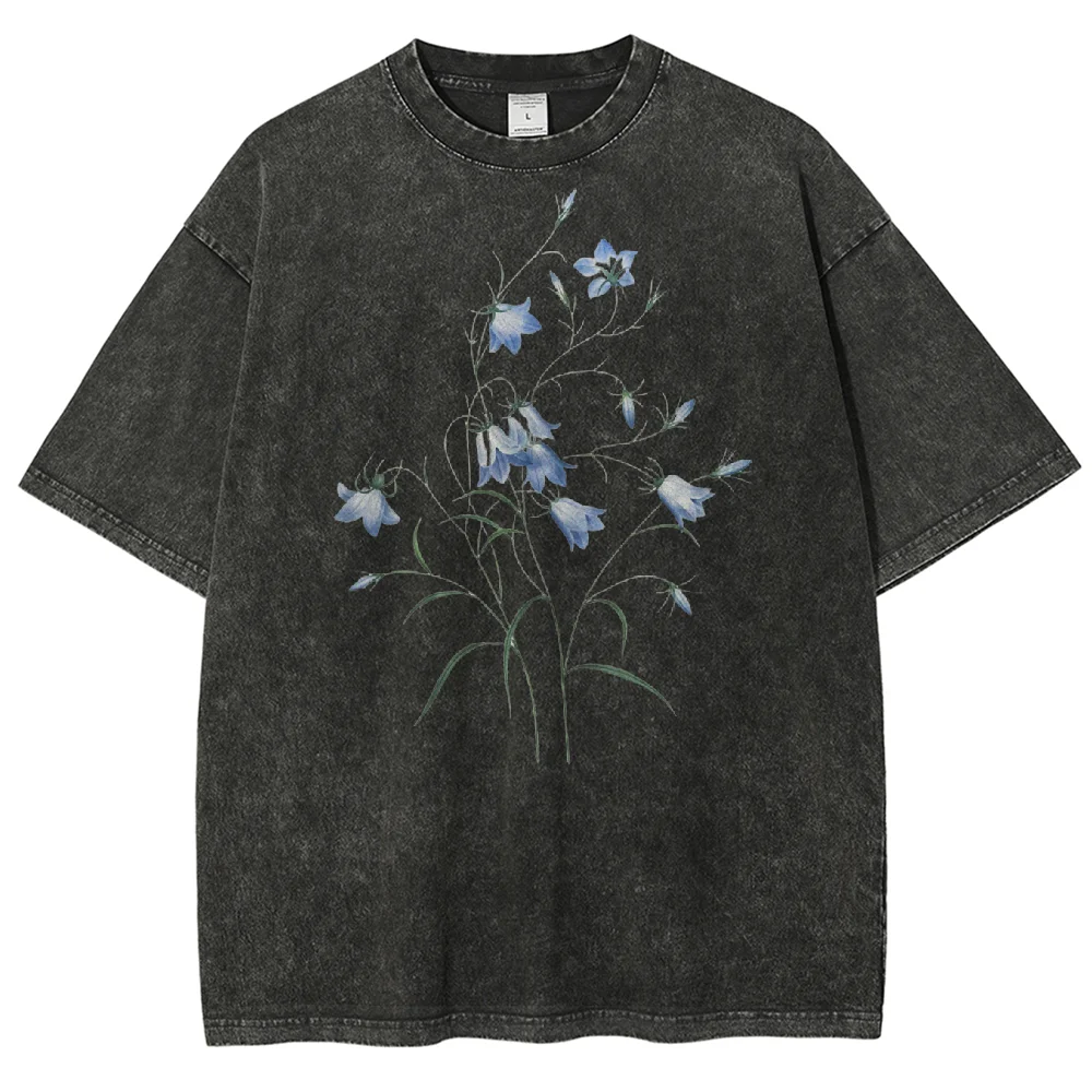 Blue Flowers T-Shirts Cute Printed Graphic Tees Summer Breathable Soft Women’s Washed Cotton Short Sleeve O-Neck Unisex Tops