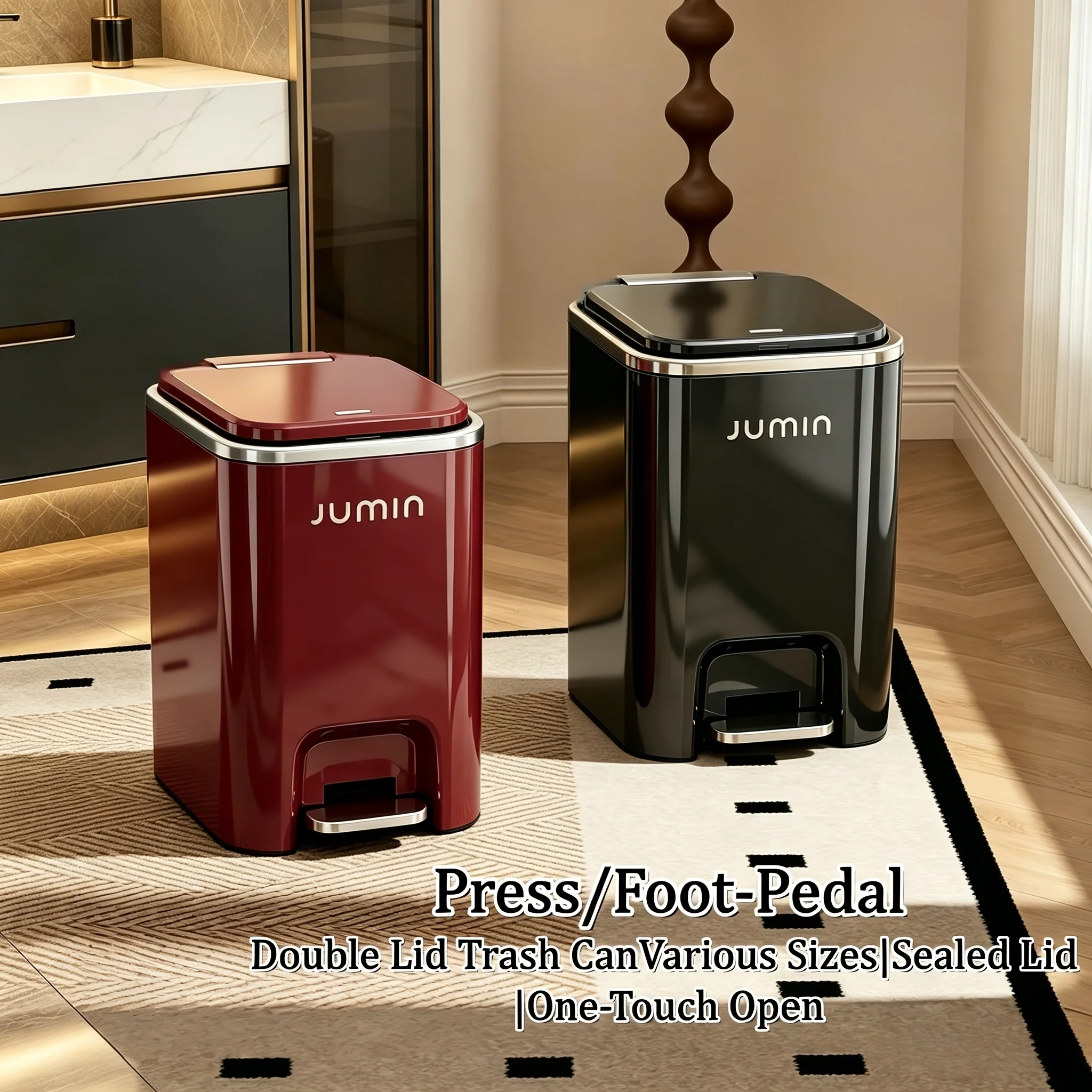 Single rectangular pedal trash can with dual press and foot pedal opening, available in 15L & 20L. Features a glossy, odor-proof surface, removable inner bucket with bag holder, soft-close lid, waterproof, and fingerprint-resistant. Great for the kitchen,