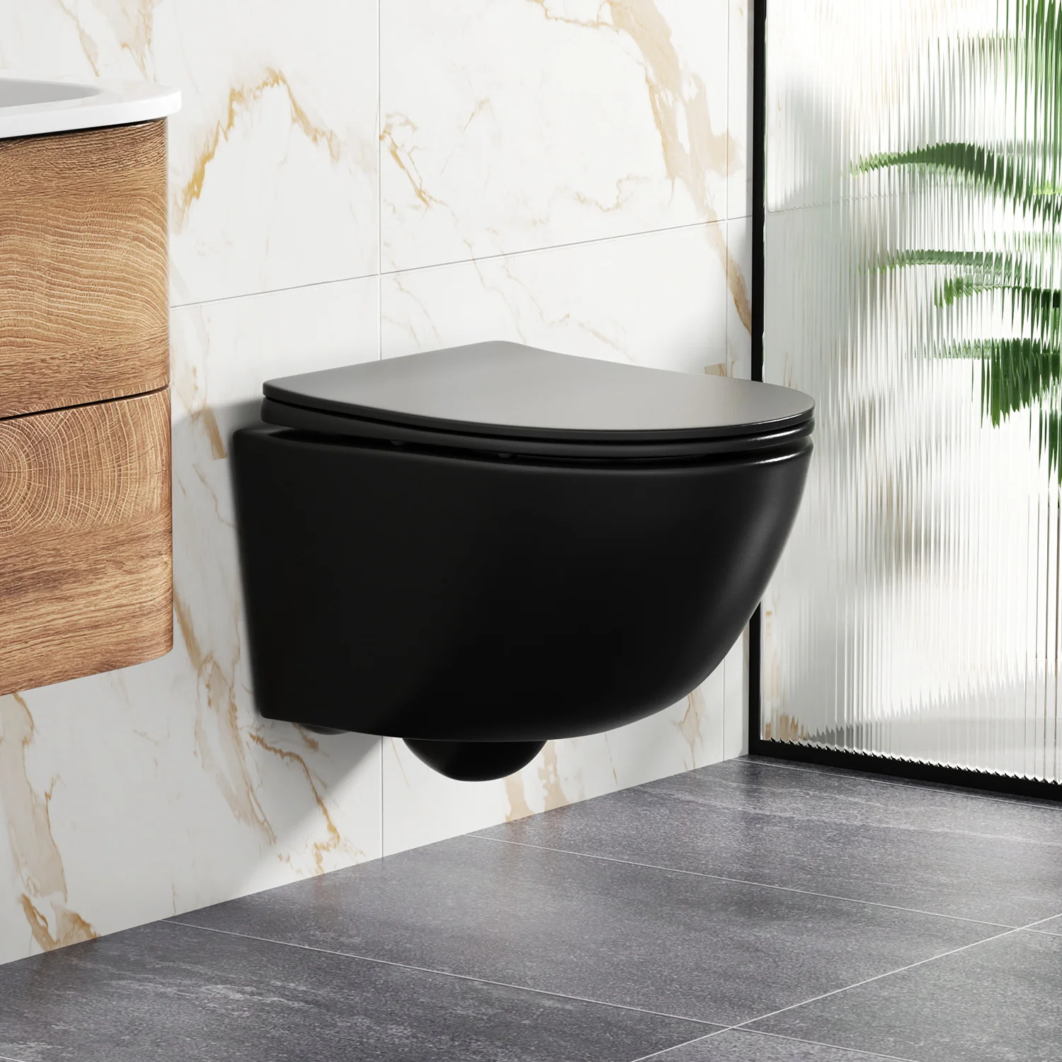 Zwart wandhangend toilet met franje-design en 360°-functie ° Dubbele straalspoeling, zacht sluitende zitting & stille spoeling