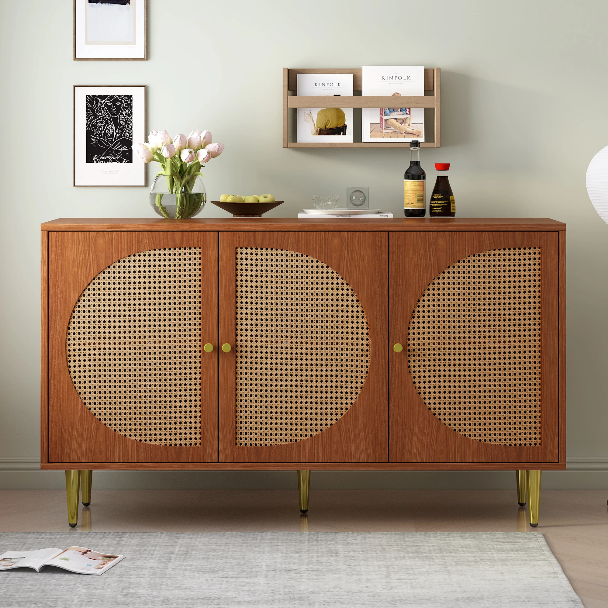 Aparador de Ratán, Mueble de Almacenamiento de Madera con Puertas, Estantería para Libros, Armario para Sala de Estar o Dormitorio