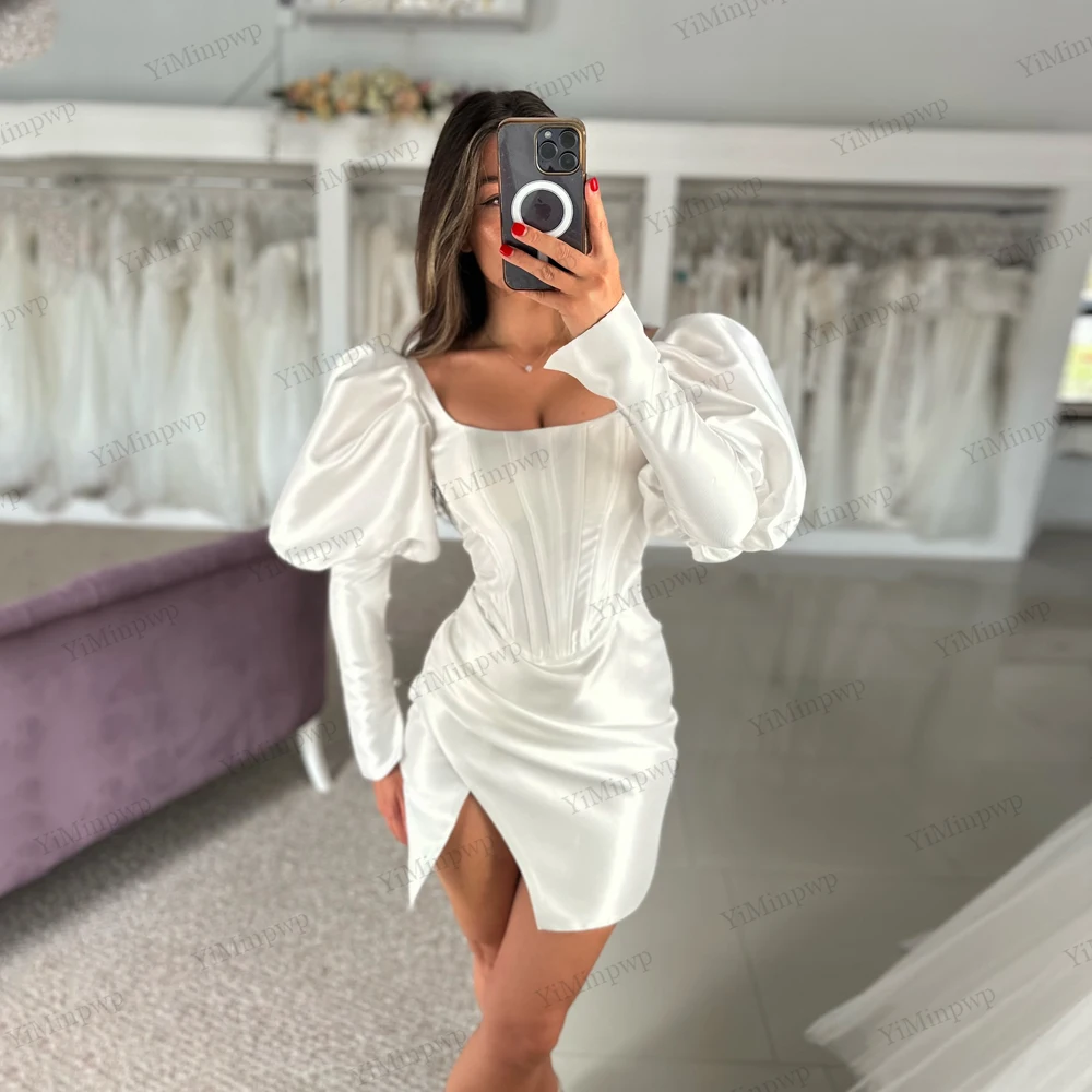Sexy White Sheath Wedding Dresses for Women Mermaid Puff Long Sleeves Square Neck Simple Bride Party Dress Women Customized