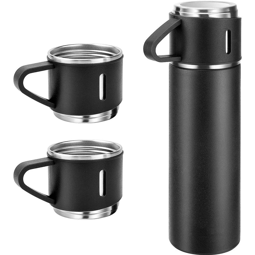 Conjunto Caneca e Garrafa Térmica Inox 500ml 3 Xícaras para Bebidas Quentes ou FriasC/ Kit 3 Xícara Café E Chá Quente