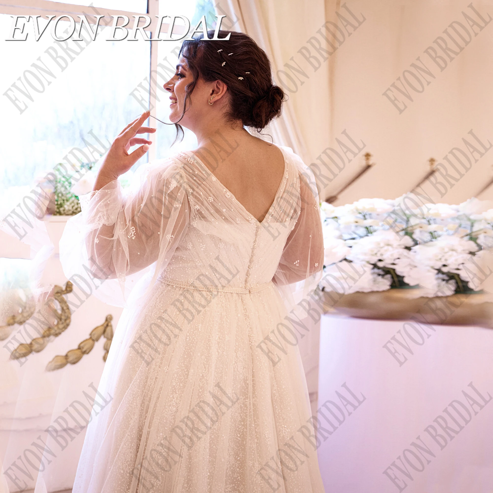 Evon Braut funkelnden Plus Size Brautkleider Langarm V-Ausschnitt eine Linie Brautkleider für Frauen maßge schneiderte Vestidos de NoviaEVON BRIDAL Sparkling Plus Size Brautkleider Langarm V-Ausschnitt A Linie Brautkle