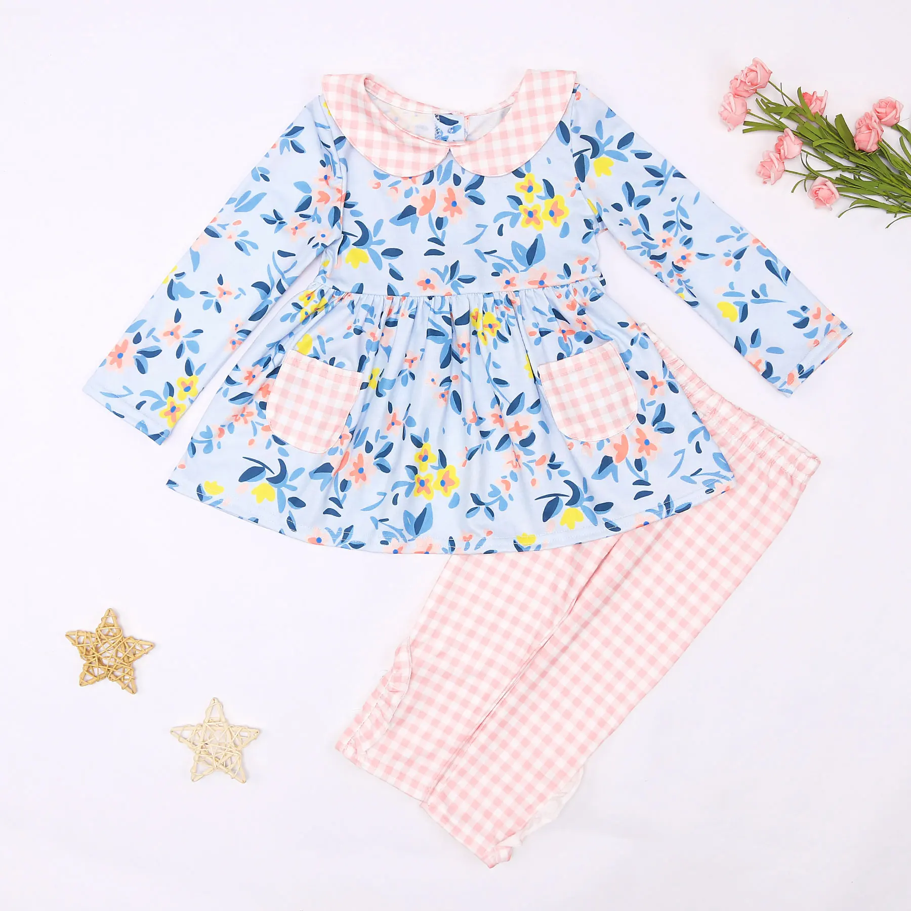 

2023 New Baby Girl Clothes Bluey Floral Children Style Pants Set Boutique Print Long Sleeve Lace Beautiful Kids Outfits
