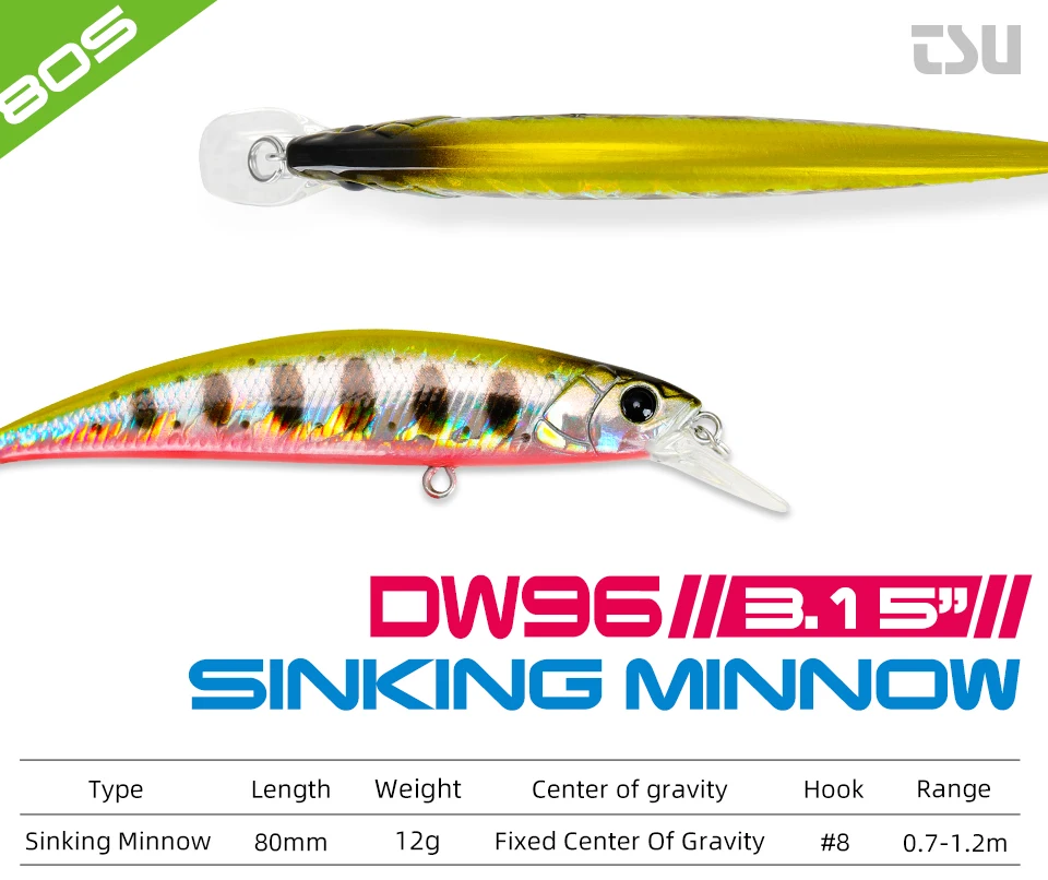 TSURINOYA Angeln Lure Sinking Minnow 80S 12g DW96 8cm Multi-farbe Rockfish Jerkbait Harten Köder Süßwasser salzwasser Wobbler – Detail 4