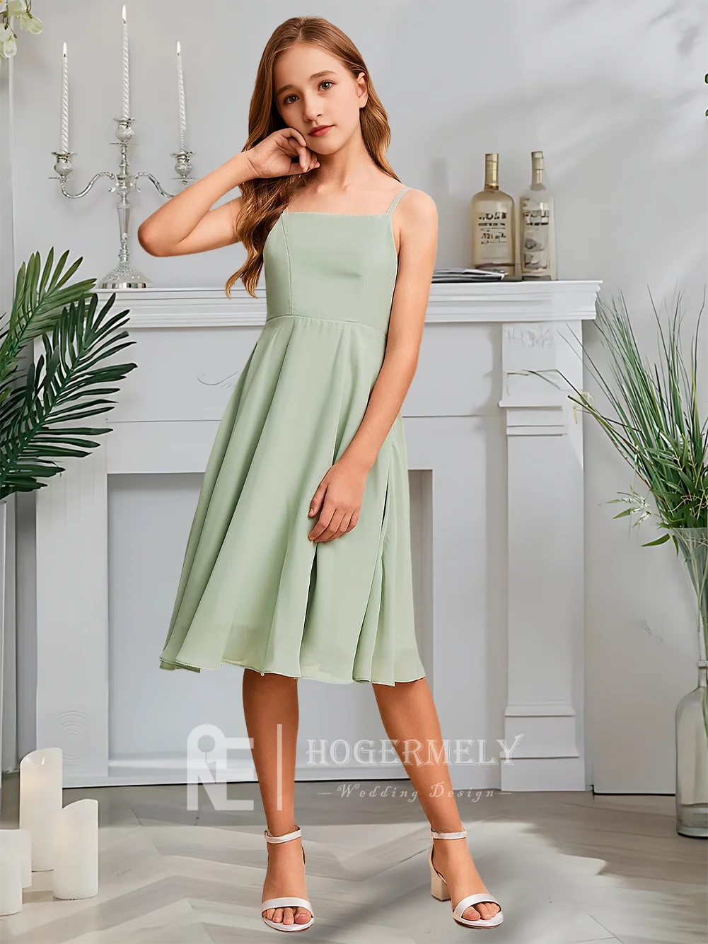 Платье трапециевидной формы для юных подружек невесты, платье с цветочным узором для девочек, шифоновое платье с квадратным вырезом длиной до колена для девочек, свадебное мероприятие для особых случаев