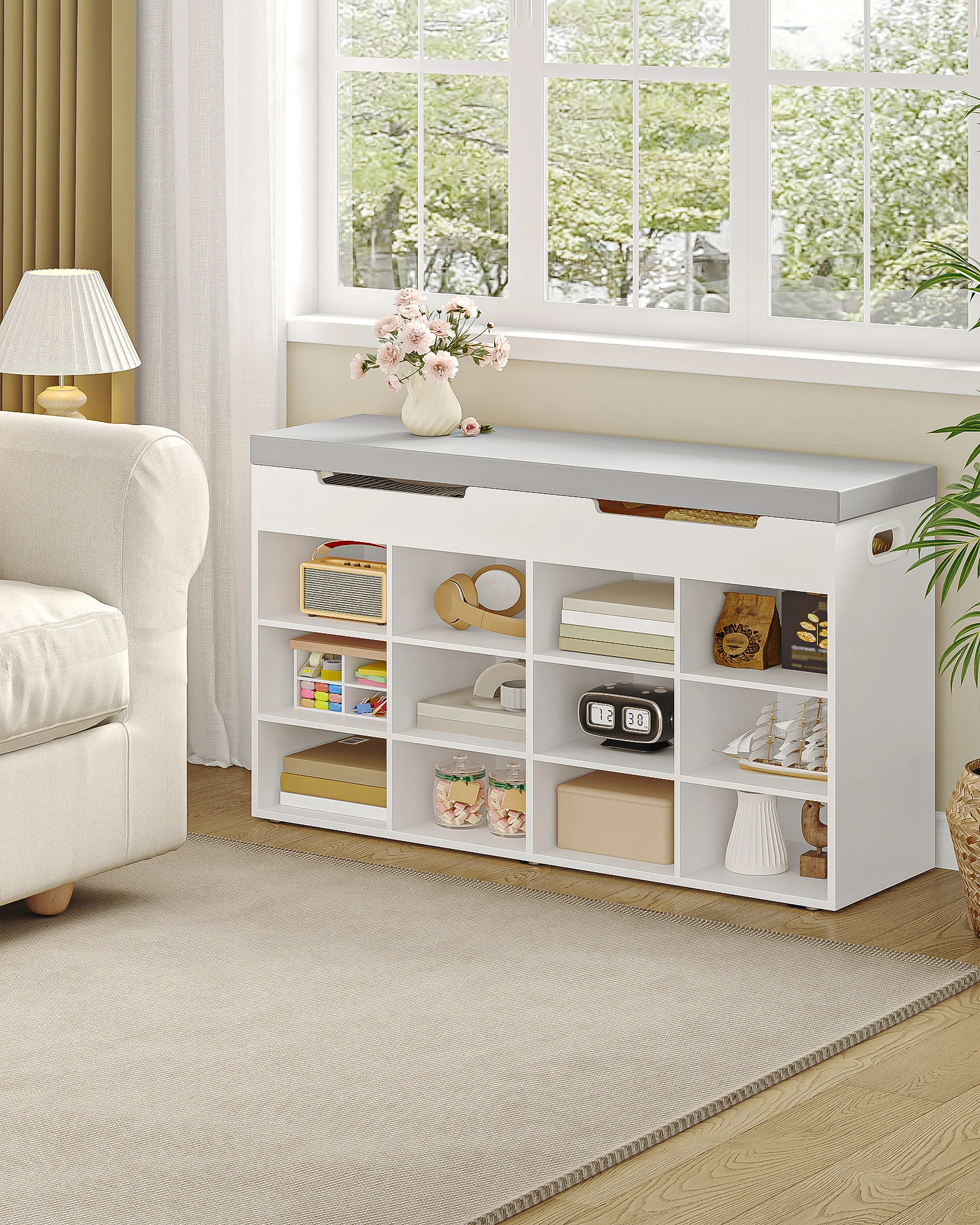 Hzuaneri Banco de almacenamiento de zapatos con asiento acolchado, banco para zapatero con 12 compartimentos, almacenamiento oculto, estantes ajustables