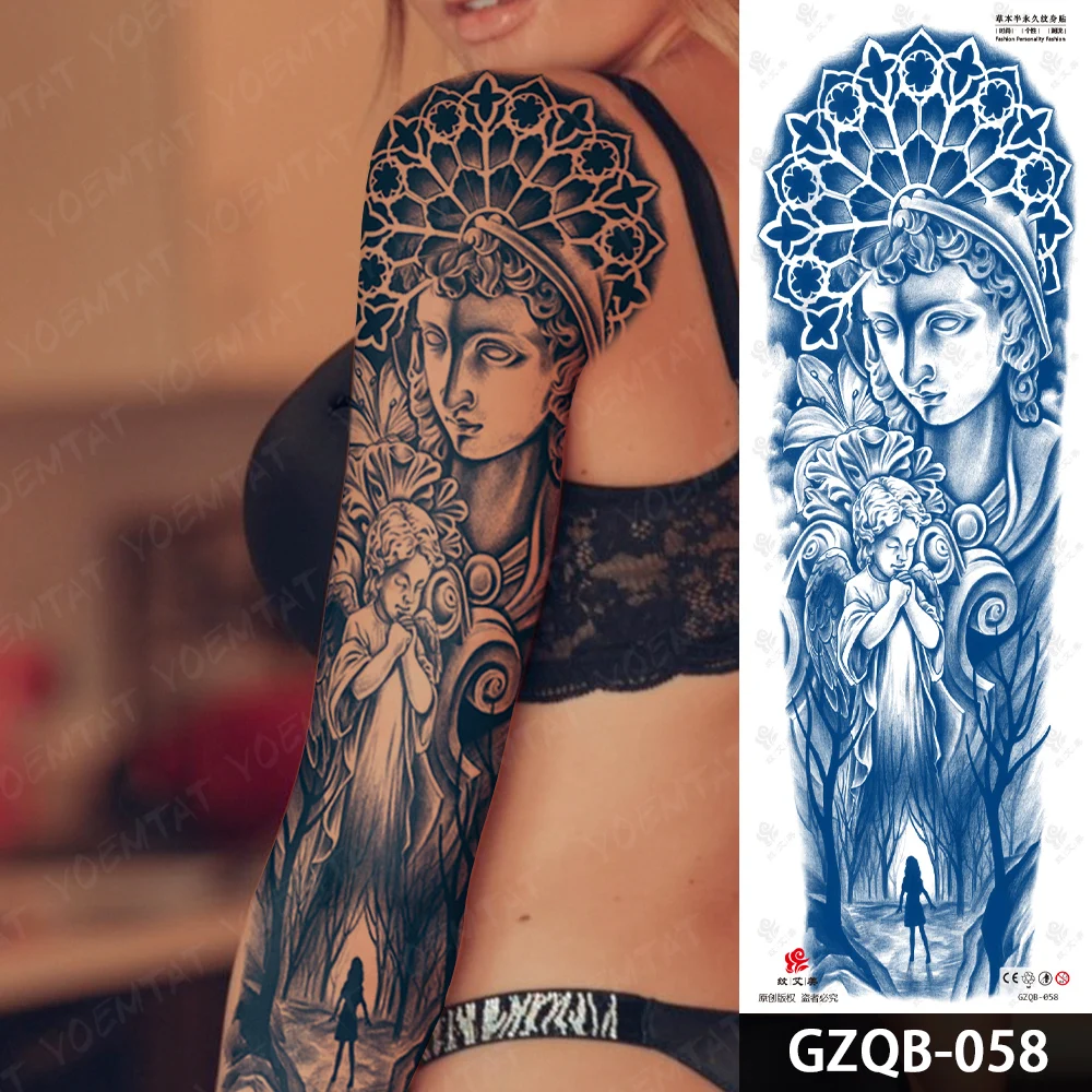 Semi-Permanent Herbal Ink Large Arm Tattoo Angel Nun Flowers Waterproof Temporary Tattoos Stickers Lasting Fake Tatoo Women Men