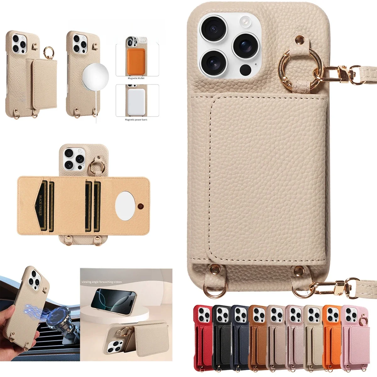 Voor IPhone 16 15 Pro Max 14 13 12 Serie PU Leer Magsafe Magnetische Draadloos Opladen Schokbestendig Crossbody Portemonnee Telefoon case - afbeelding 2