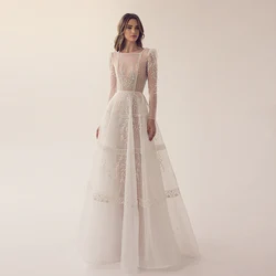 Sexy Organza Prom Dresses Square Collar Long Sleeves Illusion Wedding Guest Gowns Lace Appliques Floor Length A-Line فستان سهرة