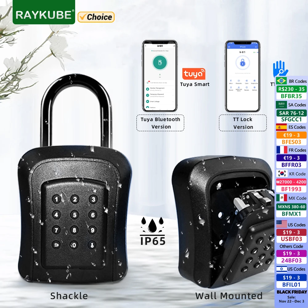 RAYKUBE IP65 Waterproof Metal Smart Wall Mount Key Lock Box Security Lock with Tuya/ TT Lock APP/Password Unlock for Key Safe