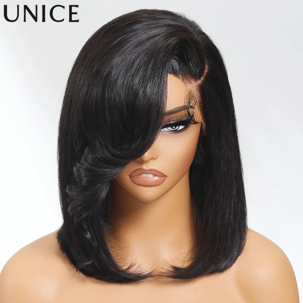 UNice 4x4 Lace Closure Straight Bob Wig With Side Swept Bangs 100% Human Hair Wigs Ready To Wear Wig Glueless