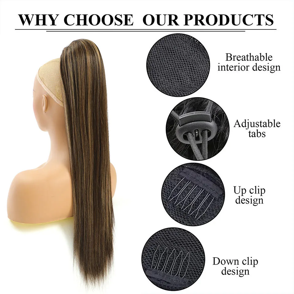 Queue de cheval synthétique longue et droite ombrée pour femme, extensions de cheveux à clipser, faux cheveux, degré de chaleur, proximité, wstring, 28 po