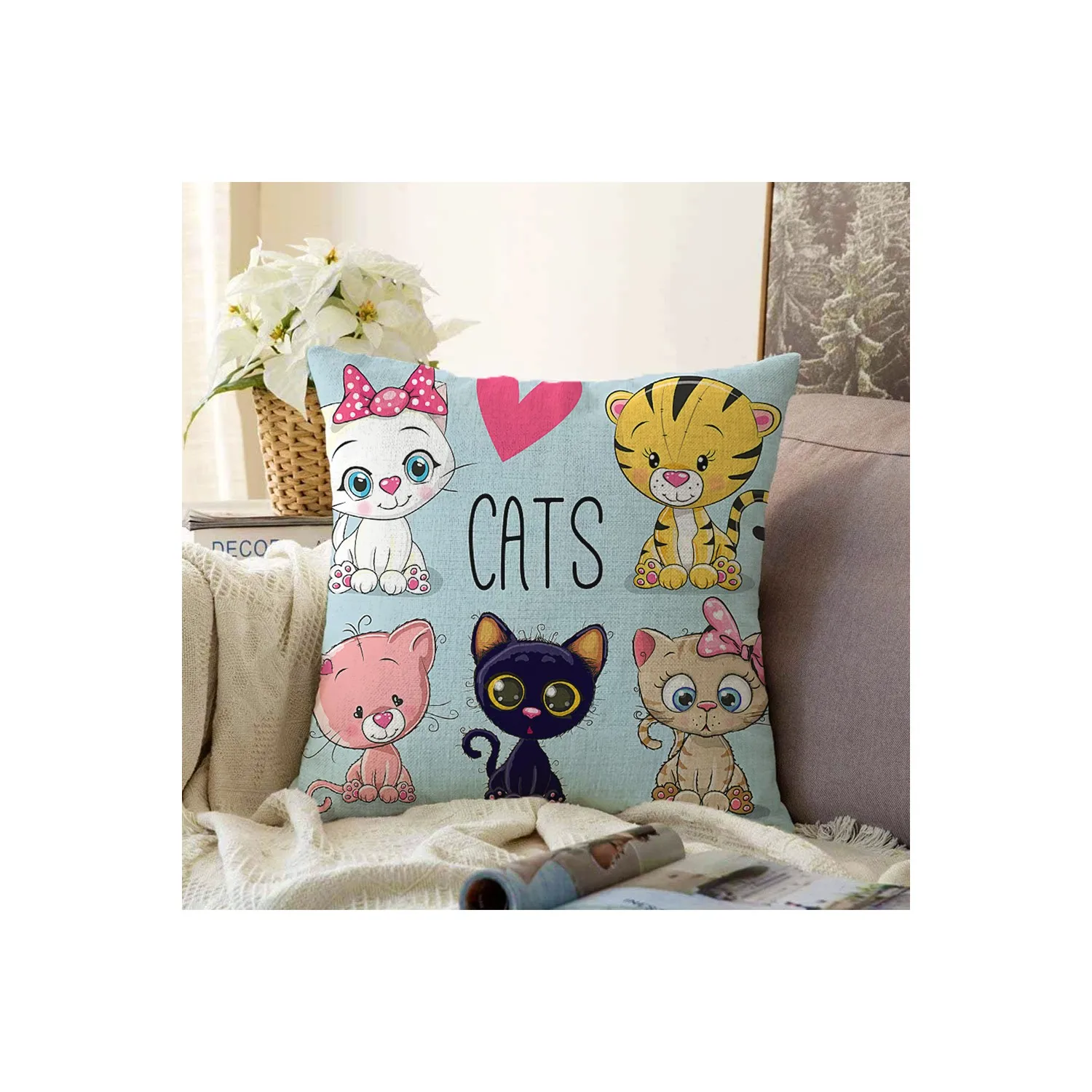 Pillow Cover Cats Pattern Digital Printed Modern Double Sided Chenille Pillow Cushion Cover 55x55 cm