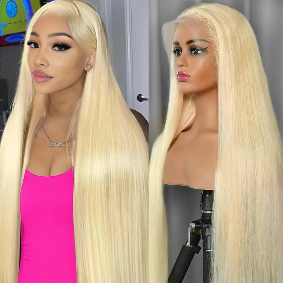 Peruki z ludzkich włosów, blond 613, proste, 34 cale, peruki typu lace front 13x4, 200% gęstości, z transparentną koronką HD, wstępnie wyregulowane, z baby hair.