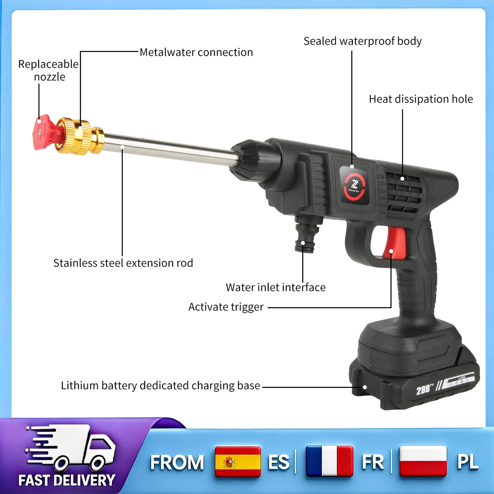Pistolet de nettoyage haute pression sans fil multifonctionnel, moteur haute vitesse 3000W, corps en ABS durable, accessoires complets, pistolet à eau portable pour le jardin, la voiture, les animaux domestiques et le nettoyage domestique