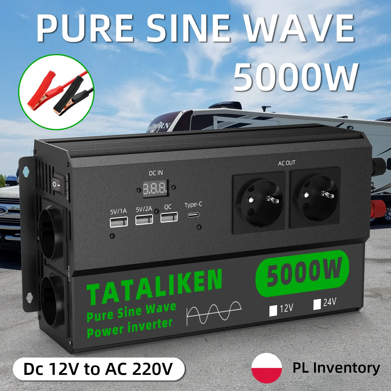 Transformateur de tension portable multi-puissance 1600W-9000W 12V vers 220V, prise européenne avec ventilateur de refroidissement à température contrôlée, charge rapide pour ordinateurs portables et smartphones
