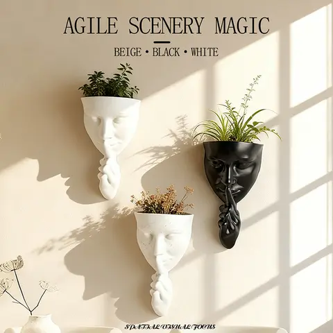 Matte Silent Face Mask Resin Wall Hanging Planter Abstract Human Head Wall Mounted Flower Pot Entryway Wall Art Decor Ornament