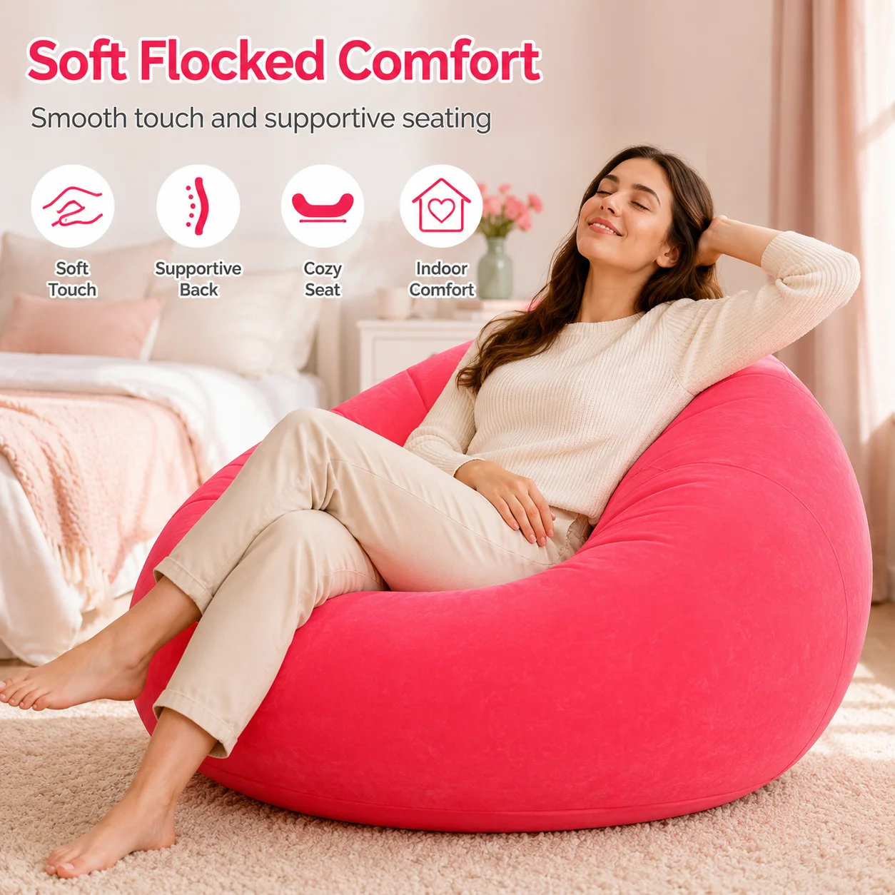 1PC Inflatable Bean Bag Chair, Lazy Sofa Air Lounge Seat with Foot Pump, Portable Flocked Floor Couch for Living Room Bedroom image 5