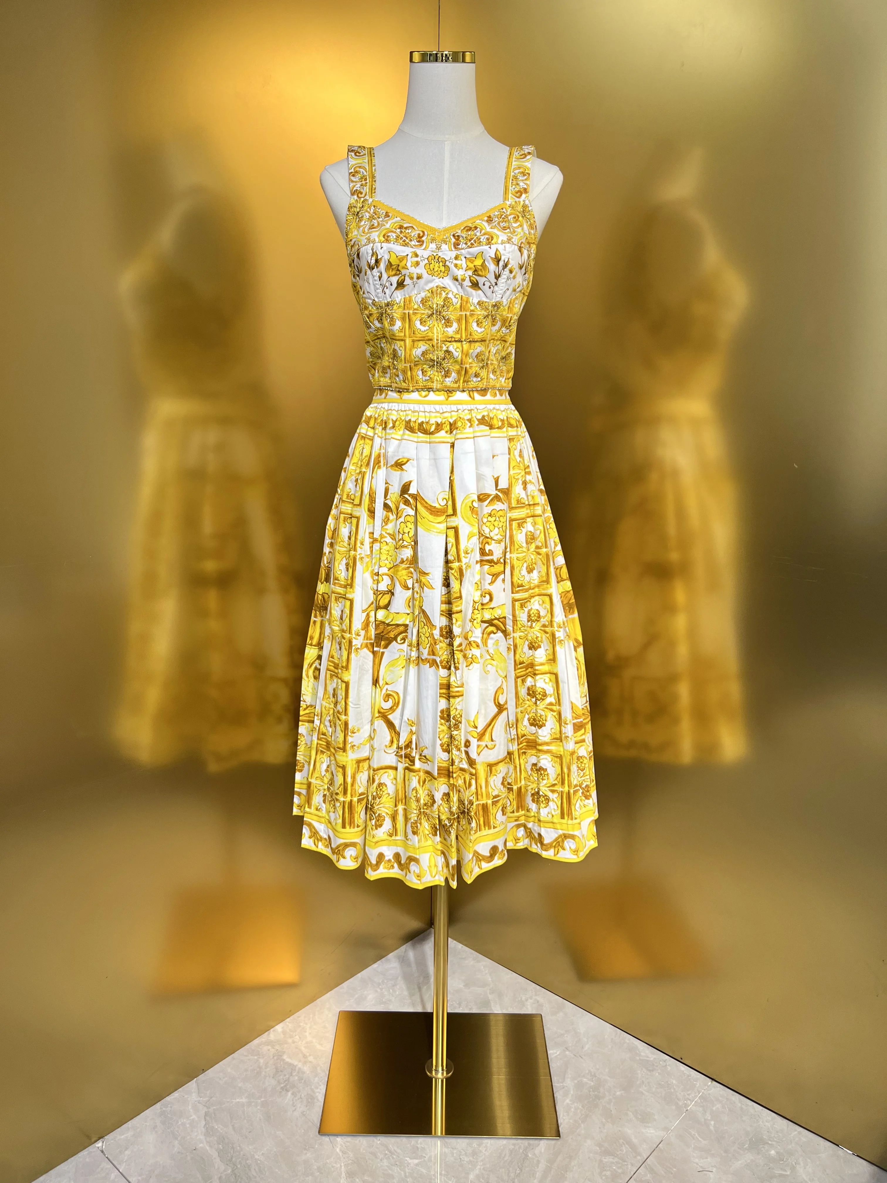 Boho Style Yellow Porcelain Dress, 100% Cotton, Button-up Belt, Short-Sleeved, Summer, 2024