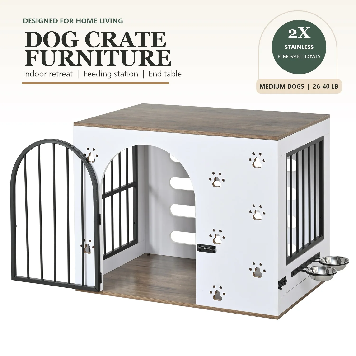 Meuble Cage pour Chien avec Station Repas Surélevée, Niche Intérieure 80 cm pour Chien Moyen, Table d Appoint avec 2 Gamelles Inox Amovibles, Blanc Chêne Clair, Barreaux Métal Résistants aux Morsures pour Salon Chambre