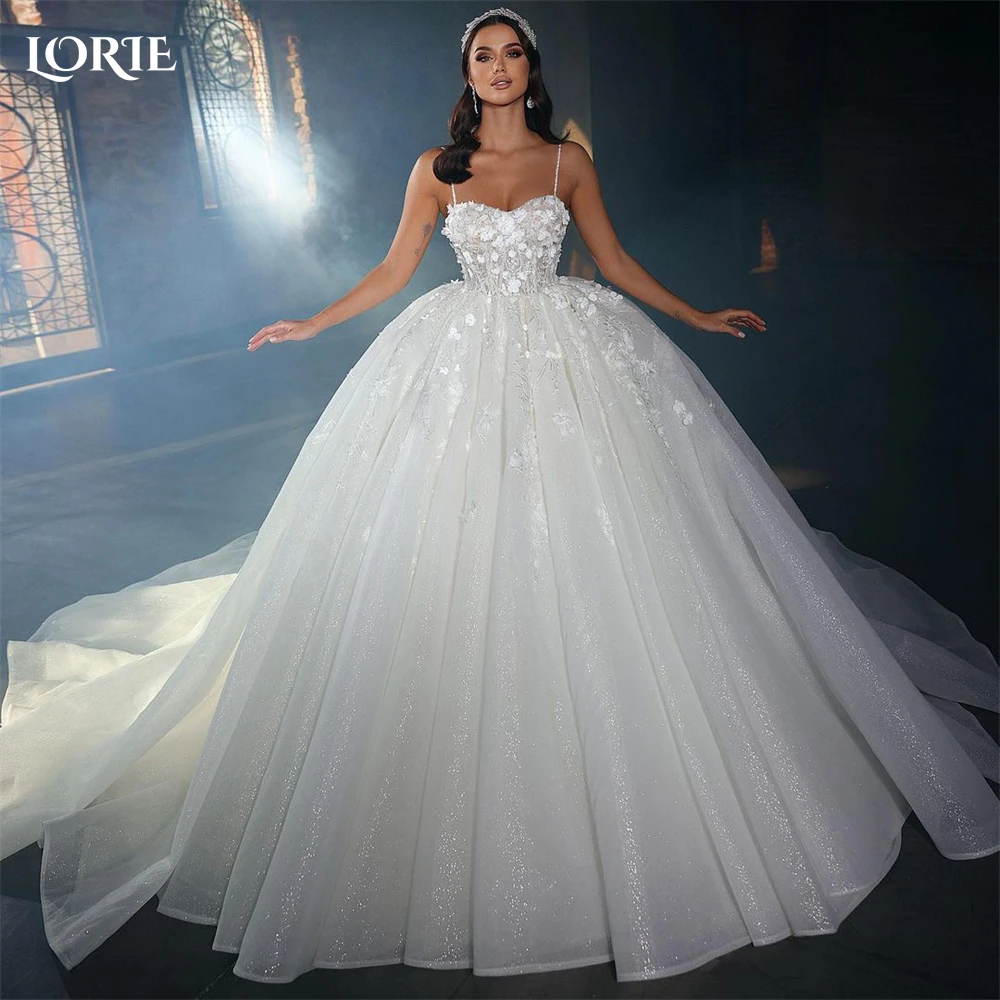 

LORIE Glitter Lace Wedding Dresses Spaghetti Straps Shiny 3D Flowers Sweetheart Bridal Gowns Puffy Princess Bride Dresses 2024