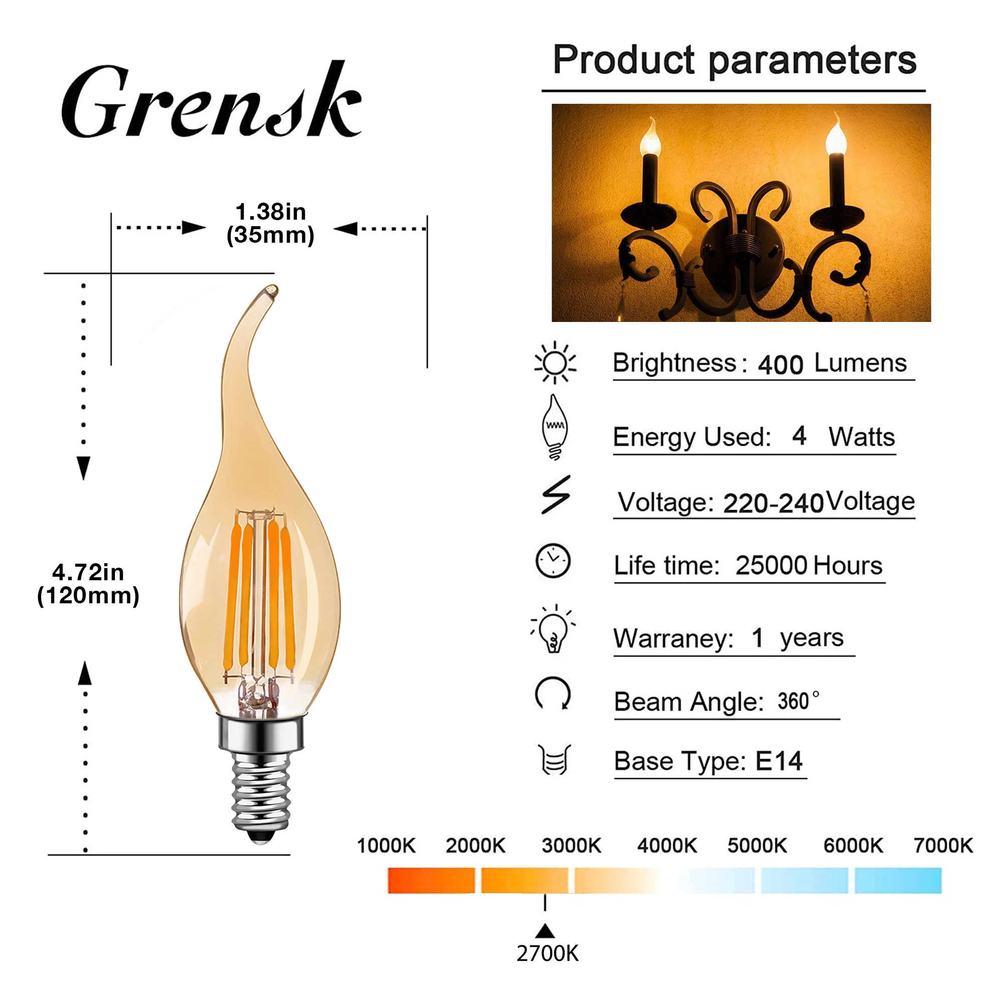 C35 4 w pode ser escurecido lâmpada led âmbar vidro e12 e14 branco quente filamento luz 220v 110v design economia de energia lâmpada de 360 graus