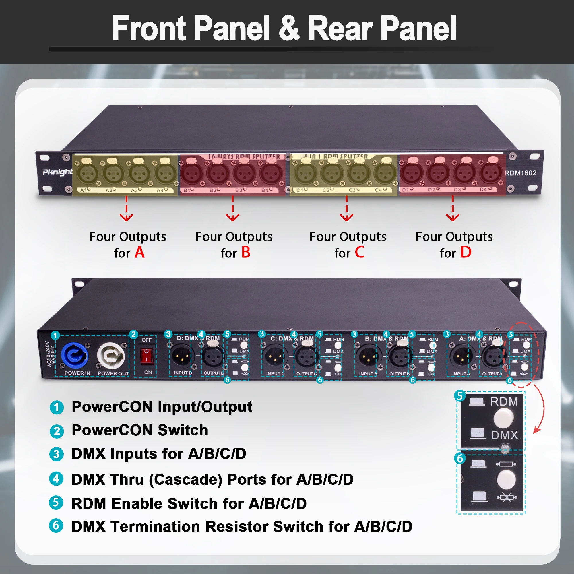 Divisor de señal DMX y RDM de 16 canales, distribuidor DMX opticamente aislado con interruptor RDM, terminación y indicadores LED RDM1602