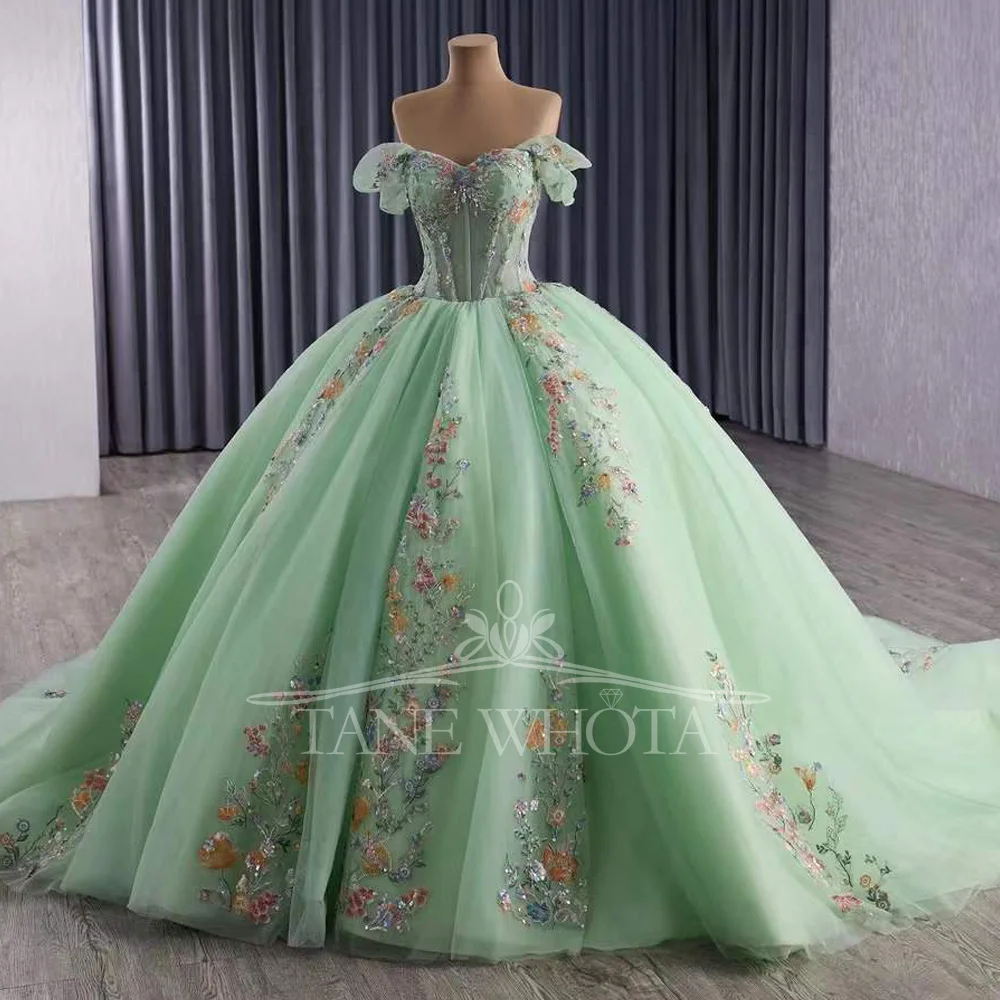 

Green Vestidos De 15 Años Quinceañeras 2025 Sweetheart Off The Shoulder Appliques Lace Ball Gown XV Quinceanera Dress